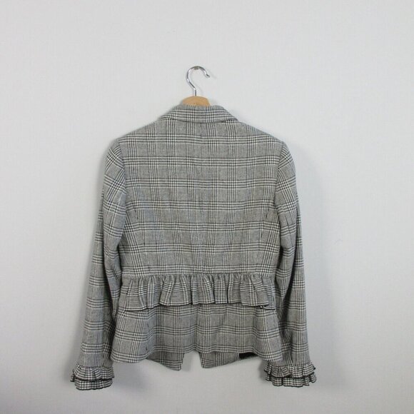 Club Monaco Plaid Blazer Jacket Women Size 6 Gray Ruffle Sleeve Hem Career 558 - Picture 2 of 10